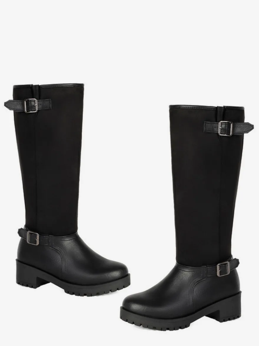 Bottes plates marron pour femmes bout rond détails à boucle hauteur genou