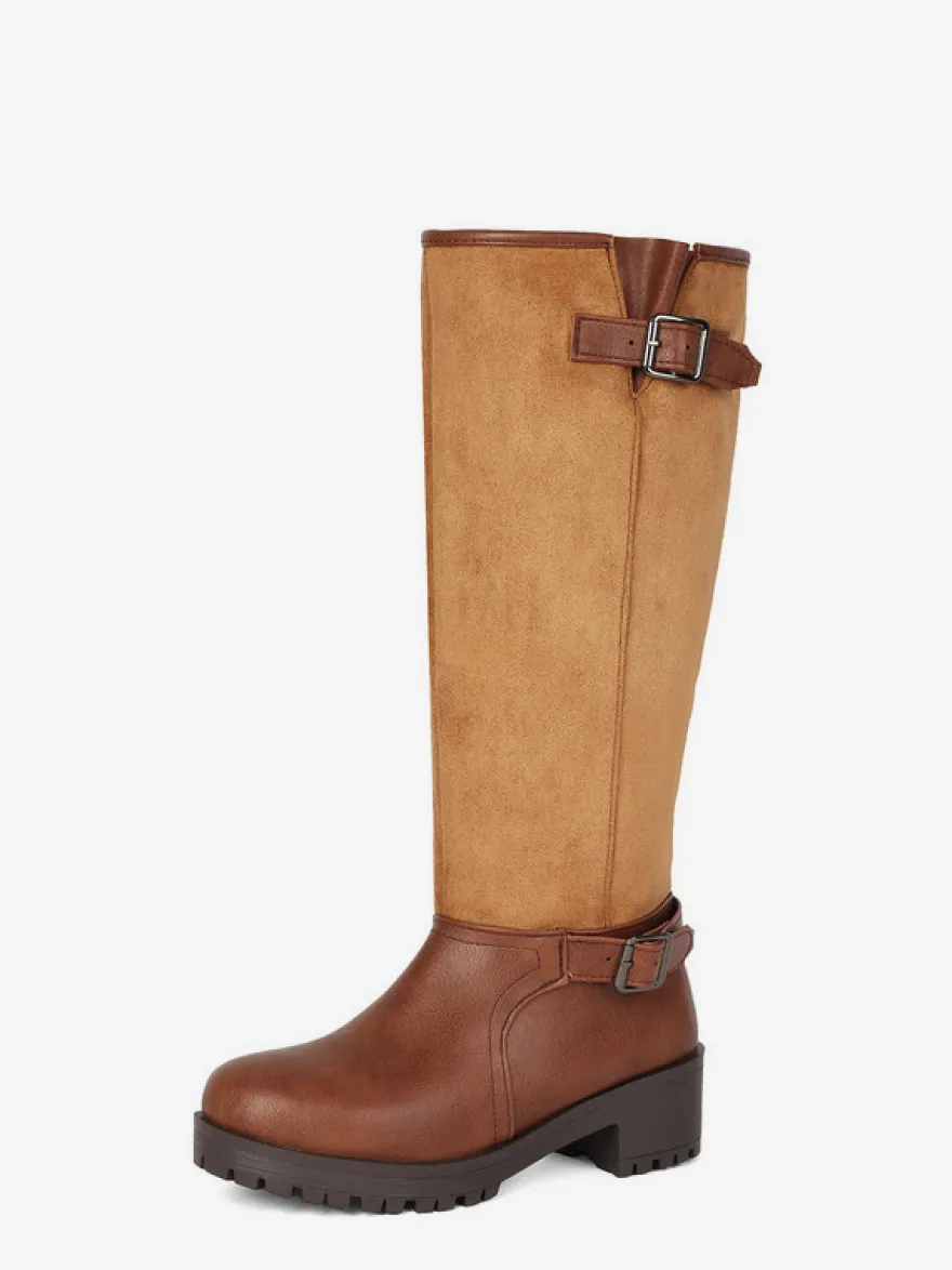Bottes plates marron pour femmes bout rond détails à boucle hauteur genou