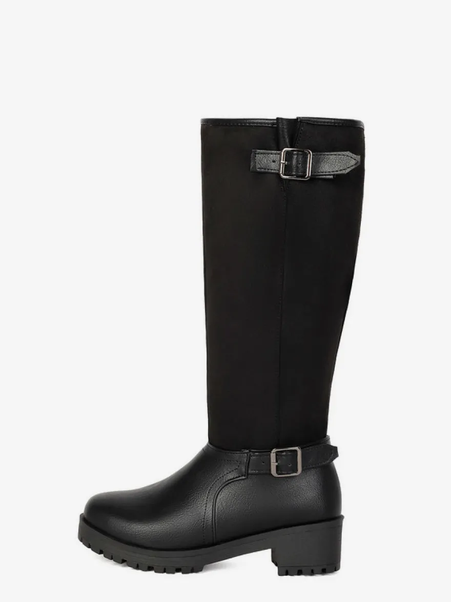 Bottes plates marron pour femmes bout rond détails à boucle hauteur genou