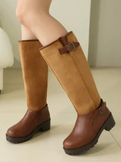 Bottes plates marron pour femmes bout rond détails à boucle hauteur genou