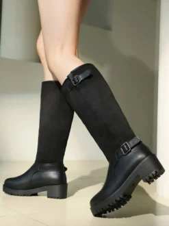 Bottes plates marron pour femmes bout rond détails à boucle hauteur genou