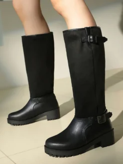 Bottes plates marron pour femmes bout rond détails à boucle hauteur genou