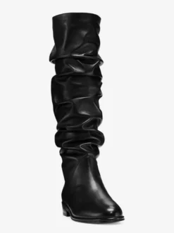 Bottes plates noires pour femmes bout rond froncées hauteur genou