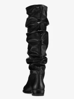 Bottes plates noires pour femmes bout rond froncées hauteur genou