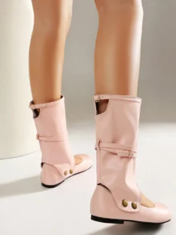 Bottes plates roses à bout rond et boucle pour femmes