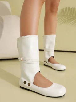 Bottes plates roses à bout rond et boucle pour femmes