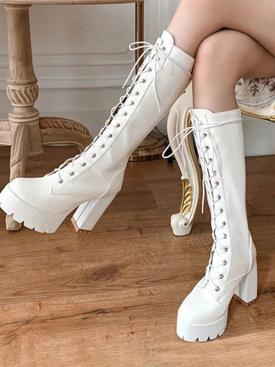 Bottes pour femmes Bottes mi-mollet blanches à bout rond 4 5 "Bottes à nouer