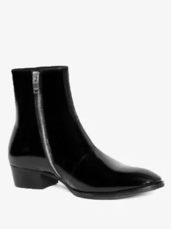 Bottes pour hommes noires vernies à bout pointu et talon bas bottes de bal à fermeture éclair en cuir