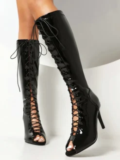 Bottes sandales noires à talons hauts bottes hautes à lacets et bout ouvert