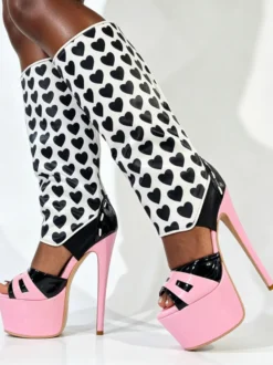 Bottes sandales roses à talons hauts plateforme bout ouvert imprimées montantes jusqu'aux genoux