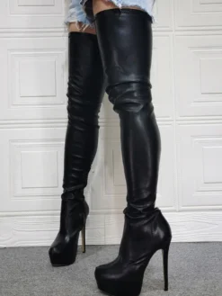 Bottes sexy noires femmes plate-forme talon aiguille cuissardes grande taille sur les bottes au genou
