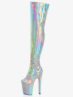 Bottes sexy pour femmes plateforme métallique bout rond talon haut cuissardes