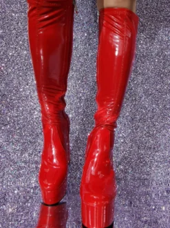 Bottes sexy rouges à plateforme en PU verni et talon épais unisexe GO GO