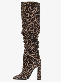 Bottes souples en daim kaki bout pointu talons épais bottes hautes chaussures
