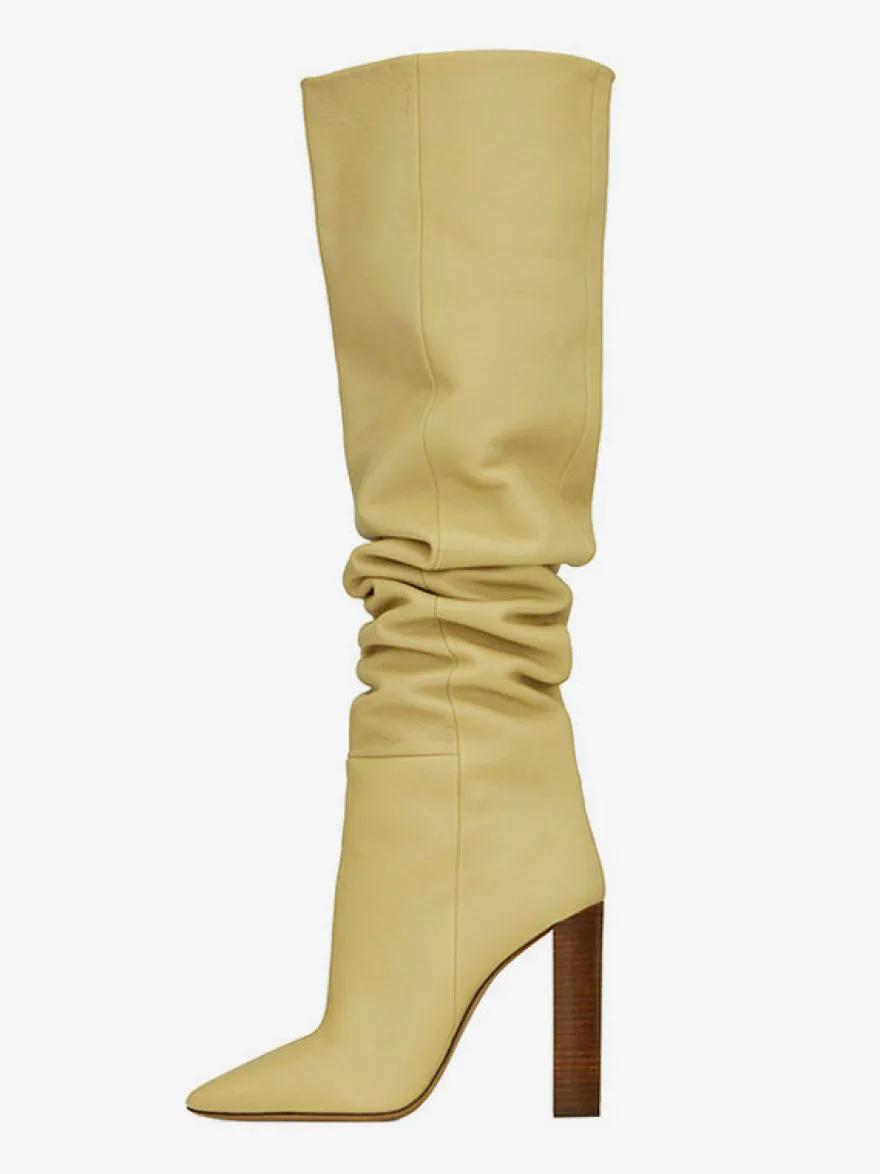 Bottes souples en daim kaki bout pointu talons épais bottes hautes chaussures