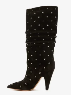 Bottes souples noires en daim à bout pointu et talon épais clouté mi-mollet