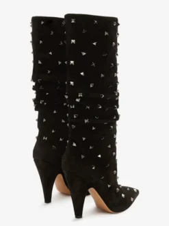 Bottes souples noires en daim à bout pointu et talon épais clouté mi-mollet
