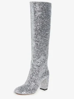 Bottes Souples Pour Femmes Paillettes Argentées Bout Carré Talon Épais Bottes Au Genou