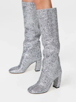 Bottes Souples Pour Femmes Paillettes Argentées Bout Carré Talon Épais Bottes Au Genou