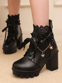 Bottes Sweet Lolita blanches à nœuds en dentelle bout rond chaussures Lolita en cuir PU