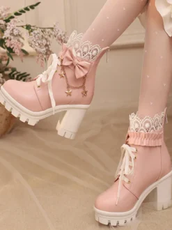 Bottes Sweet Lolita blanches à nœuds en dentelle bout rond chaussures Lolita en cuir PU