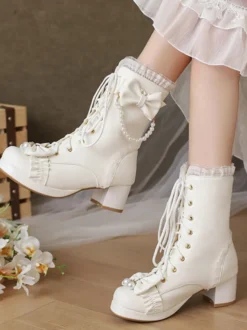 Bottes Sweet Lolita Cuir PU Volants Perles Bout Rond Chaussures Lolita Noires