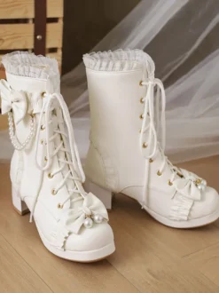 Bottes Sweet Lolita Cuir PU Volants Perles Bout Rond Chaussures Lolita Noires