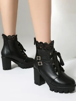 Bottes Sweet Lolita en cuir PU avec nœuds et bout rond chaussures Lolita roses