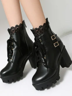 Bottes Sweet Lolita en cuir PU avec nœuds et bout rond chaussures Lolita roses