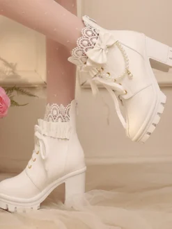 Bottes Sweet Lolita en cuir PU avec lacets et nœuds bout rond chaussures Lolita noires