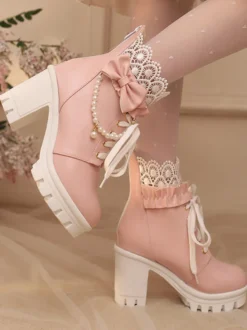 Bottes Sweet Lolita en cuir PU avec lacets et nœuds bout rond chaussures Lolita noires