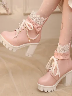 Bottes Sweet Lolita en cuir PU avec lacets et nœuds bout rond chaussures Lolita noires