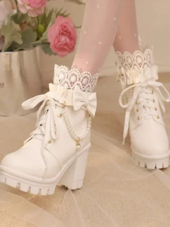 Bottes Sweet Lolita en cuir PU avec lacets et nœuds bout rond chaussures Lolita noires