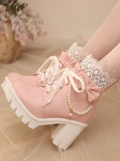 Bottes Sweet Lolita en cuir PU avec lacets et nœuds bout rond chaussures Lolita noires
