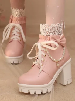 Bottes Sweet Lolita en cuir PU avec lacets et nœuds bout rond chaussures Lolita noires