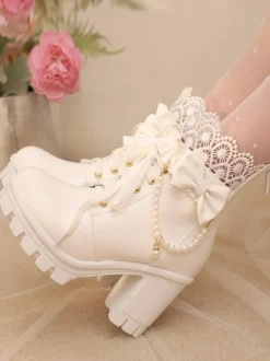 Bottes Sweet Lolita en cuir PU avec lacets et nœuds bout rond chaussures Lolita noires