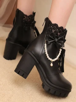 Bottes Sweet Lolita en cuir PU avec lacets et nœuds bout rond chaussures Lolita noires