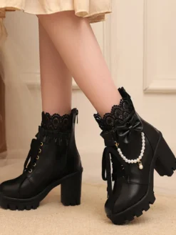 Bottes Sweet Lolita en cuir PU avec lacets et nœuds bout rond chaussures Lolita noires