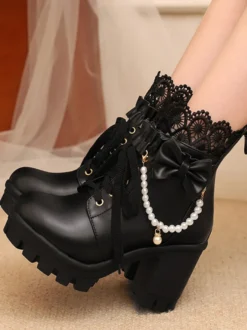 Bottes Sweet Lolita en cuir PU avec lacets et nœuds bout rond chaussures Lolita noires