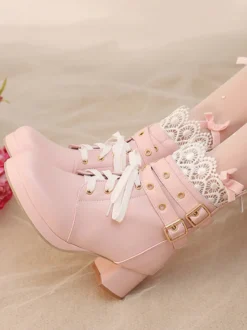 Bottes Sweet Lolita noires à nœuds bout rond chaussures Lolita en cuir PU