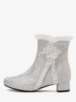Bottes Sweet Lolita roses à nœuds bout rond chaussures Lolita en textile