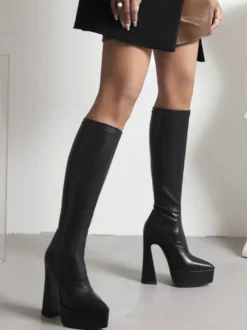Bottes à Talons Hauts avec Bout Rond en Cuir Synthétique Unicolore