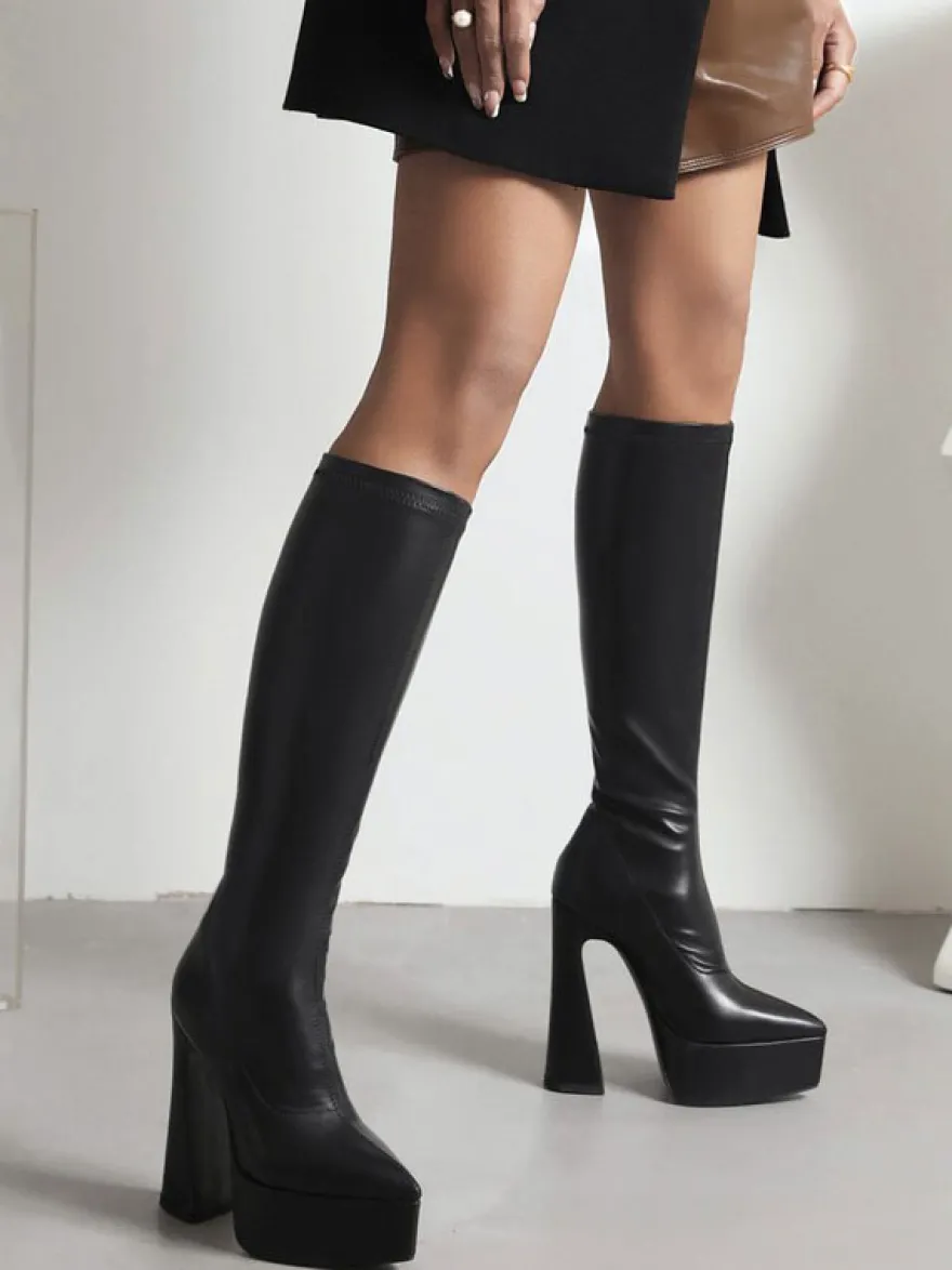Bottes à Talons Hauts avec Bout Rond en Cuir Synthétique Unicolore