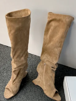 Bottes à talons hauts en daim à bout ouvert cuissardes à talons