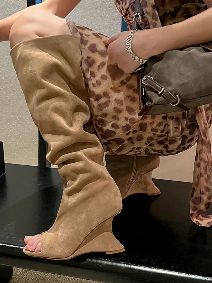 Bottes à talons hauts en daim à bout ouvert cuissardes à talons