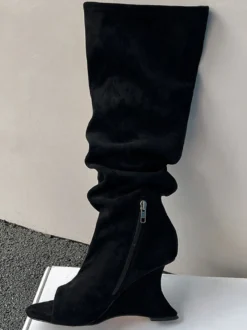 Bottes à talons hauts en daim à bout ouvert cuissardes à talons
