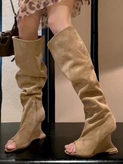 Bottes à talons hauts en daim à bout ouvert cuissardes à talons