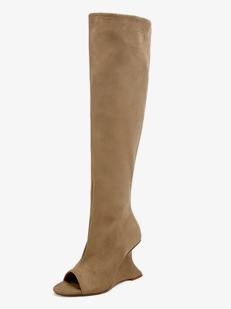 Bottes à talons hauts en daim à bout ouvert cuissardes à talons