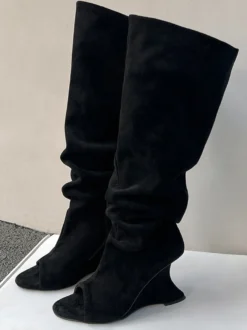 Bottes à talons hauts en daim à bout ouvert cuissardes à talons