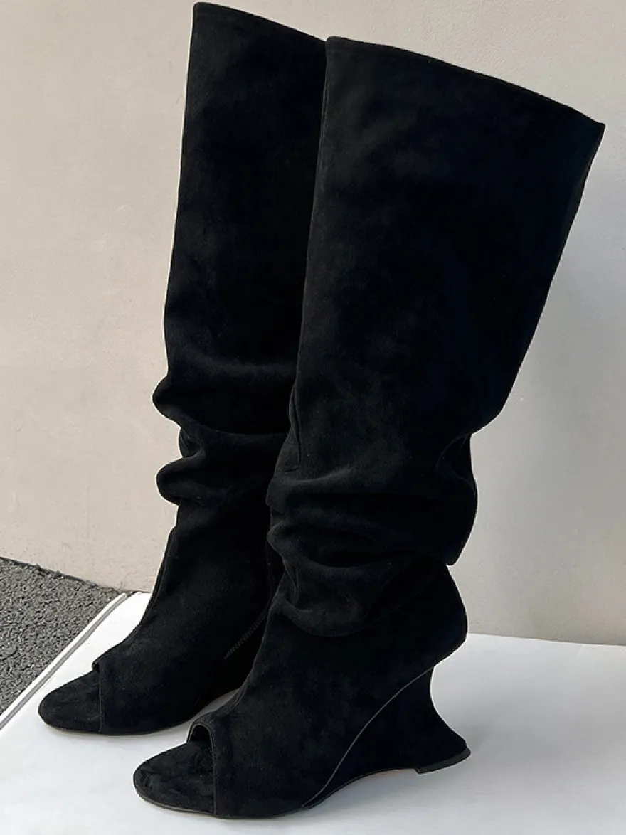 Bottes à talons hauts en daim à bout ouvert cuissardes à talons